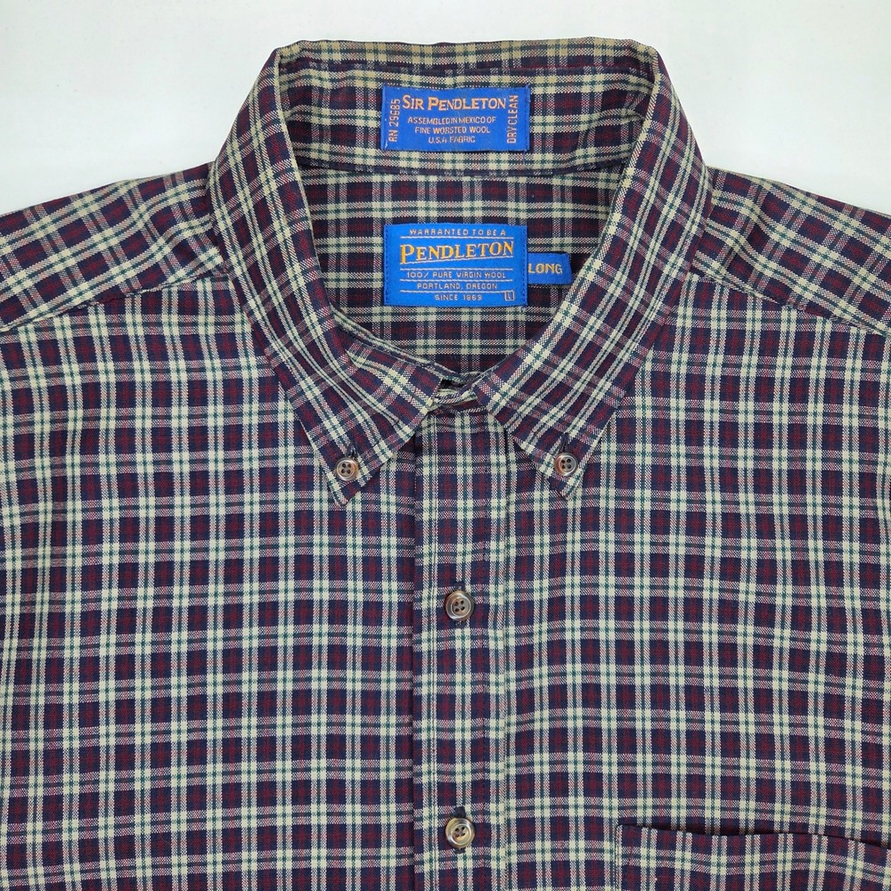 Sir Pendleton Mens Large Long Worsted Wool Plaid Button Down Shirt Burgundy Blue